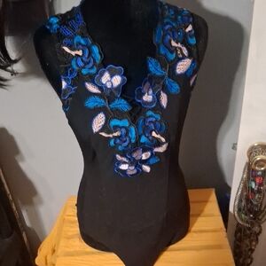 Guess Black Bodysuit with Blue Floral Design
